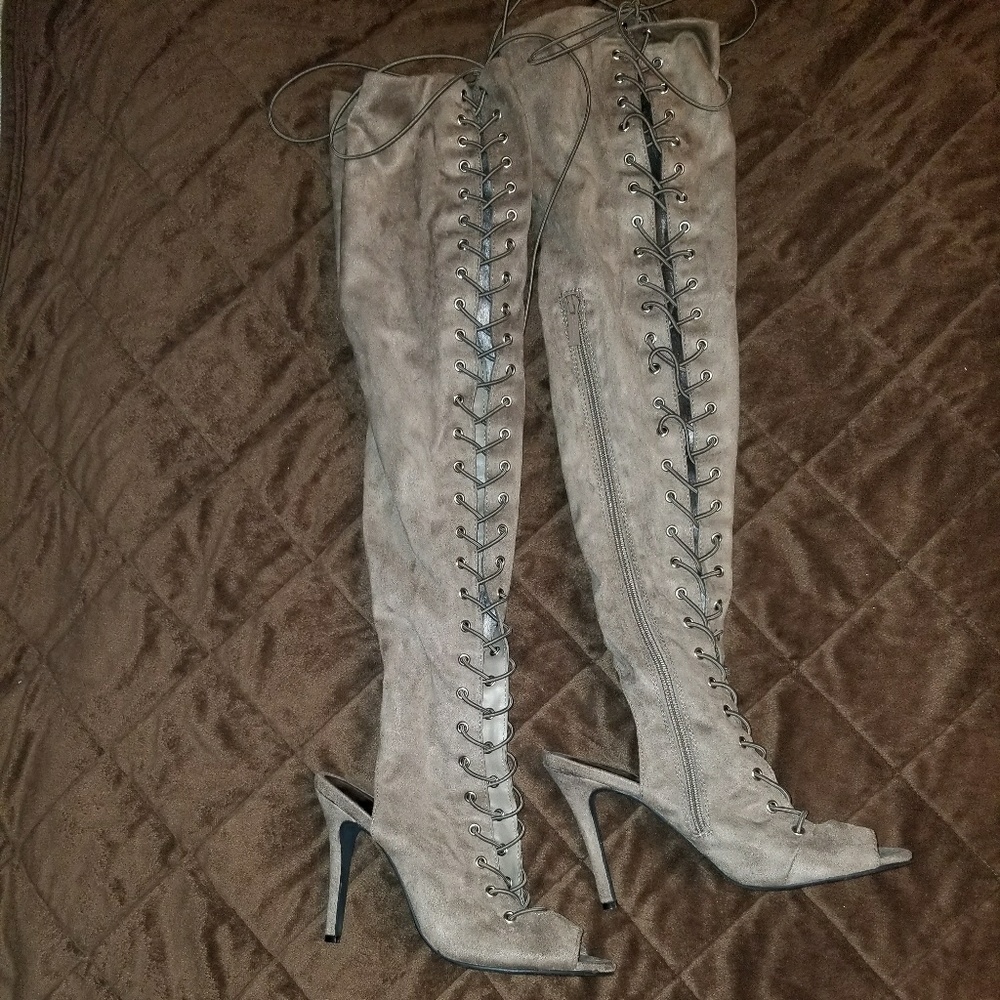 Brand new lace-up, open toe, high heel boots